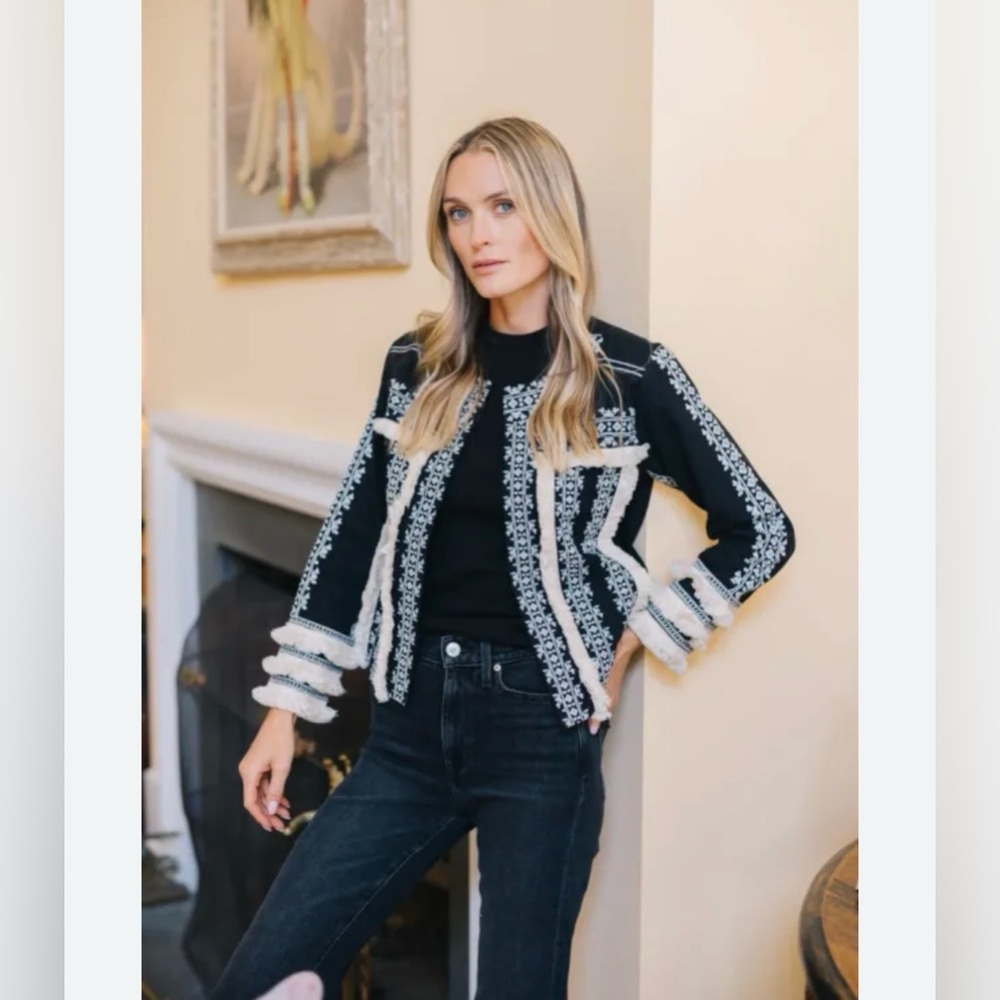 Julia Amory Black and White Fringe Trim Knit Jacket